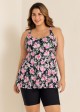 Black Floral Print Square Neck Flowy Modest Plus Size Tankini Swimsuit Top