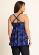 Purple Plants Print Square Neck Flowy Modest Plus Size Tankini Swimsuit Top