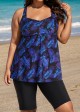 Purple Plants Print Square Neck Flowy Modest Plus Size Tankini Swimsuit Top