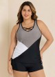 Lace Patchwork Drawstring Black Modest Tankini Top