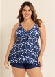 Plus Size Floral Print V Neck Stretchy Women Tankini Set