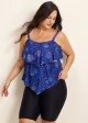 Navy Blue Floral Print Flattering Layered Ruffles Plus Size Women's Swimsuit Tankini Top