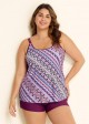 Plus Size Romantic Purple Geometric Casual Tankini Set
