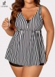Black And White Striped Print Bow Tie Front Tankini Top