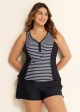 Black Striped Zip-Up Sporty With Pocket Rash Guard Tankini Set