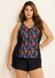 Plus Size Black Leaf Print Zipper Swimsuit And Swimwear Tankini Top