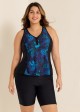 Plus Size Blue Floral Zipper And Color Block Swimsuits Tankini Top