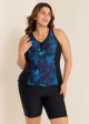 Plus Size Blue Floral Zipper And Color Block Swimsuits Tankini Top