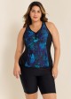 Plus Size Blue Floral Zipper And Color Block Swimsuits Tankini Top
