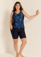 Plus Size Blue Floral Zipper And Color Block Swimsuits Tankini Top