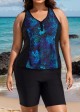 Plus Size Blue Floral Zipper And Color Block Swimsuits Tankini Top