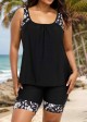 Plus Size Black Floral Print Round Neck Modest Tankini Set