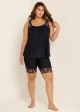 Black Plants Print Round Neck Plus Size Modest Tankini Set