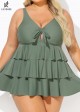 Green Knotted Front Ruffle Tiered Elegant Tankini Top