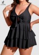 Black Knotted Front Ruffle Tiered Elegant Tankini Top