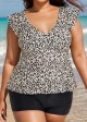 Leopard Print V Neck Ruffle Sleeve Plus Size Women Tankini Top