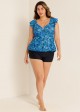 Blue Floral Print V Neck Ruffle Sleeve Plus Size Tankini Top