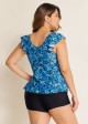 Blue Floral Print V Neck Ruffle Sleeve Plus Size Tankini Top