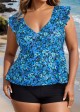Blue Floral Print V Neck Ruffle Sleeve Plus Size Tankini Top