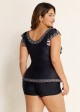 Black Floral V Neck Ruffled Sleeve Curvy Swimsuit Tankini Top