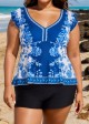 Plus Size  Blue And White Ruffle Sleeve Swimwear Bathing Suits Tankini Top