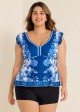 Plus Size  Blue And White Ruffle Sleeve Swimwear Bathing Suits Tankini Top