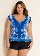 Plus Size  Blue And White Ruffle Sleeve Swimwear Bathing Suits Tankini Top
