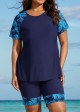 Blue Plants Pullover Short Sleeve Modest Plus Size Fashion Casual Tankini Set