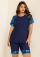 Blue Plants Pullover Short Sleeve Modest Plus Size Fashion Casual Tankini Set
