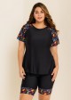 Black Plants Pullover Short Sleeve Modest Plus Size Fashion Casual Tankini Set