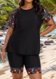 Black Plants Pullover Short Sleeve Modest Plus Size Fashion Casual Tankini Set