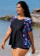 Black Floral Raglan Short Sleeve Waist Shaping Tankini Top