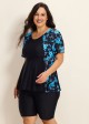 Plus Size Blue Floral Upf50+ Short Sleeves Modest Women's Swimsuit Shirt Tankini Top