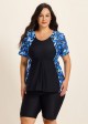Curvy Blue Tropical Plants Upf50+ Short Sleeves Vintage Women's Swimsuit Shirt Tankini Top