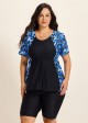 Curvy Blue Tropical Plants Upf50+ Short Sleeves Vintage Women's Swimsuit Shirt Tankini Top