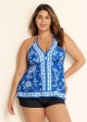 Curvy Blue And White Floral Double Straps Halter V Neck Swimsuit Tankini Top