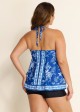 Curvy Blue And White Floral Double Straps Halter V Neck Swimsuit Tankini Top