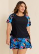 Black Floral Print Side Drawstring Plus Size Tankini Top