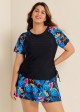 Black Floral Print Side Drawstring Plus Size Tankini Top