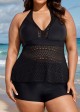 Black V Neck Cut Out Backless Lace Up Tankini Top