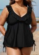 Black V Neck Plus Size Modest Ruffle Drawstring Tankini Swimsuit Top