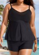 Black V-Neck Chest Mesh Plus Size Modest Fashion Tankini Swimsuit Top