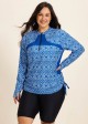 Plus Size Blue Geometric High Neck Upf50+ Long Sleeves Zipper Drawstring Swimsuit Shirt Tankini Top