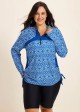 Plus Size Blue Geometric High Neck Upf50+ Long Sleeves Zipper Drawstring Swimsuit Shirt Tankini Top