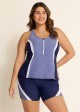 Blue And Purple Color Block Zip Front Sporty Two Piece Bathing Suits Tankini Set