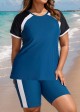 Navy And Black Colorblock Raglan Sleeves Short Sleeves Swimsuit Tankini Set