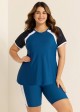 Navy And Black Colorblock Raglan Sleeves Short Sleeves Swimsuit Tankini Set
