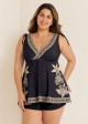 Plus Size Black Floral V Neck Wide Straps Swimsuit Tankini Top