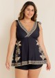Plus Size Black Floral V Neck Wide Straps Swimsuit Tankini Top