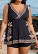 Plus Size Black Floral V Neck Wide Straps Swimsuit Tankini Top